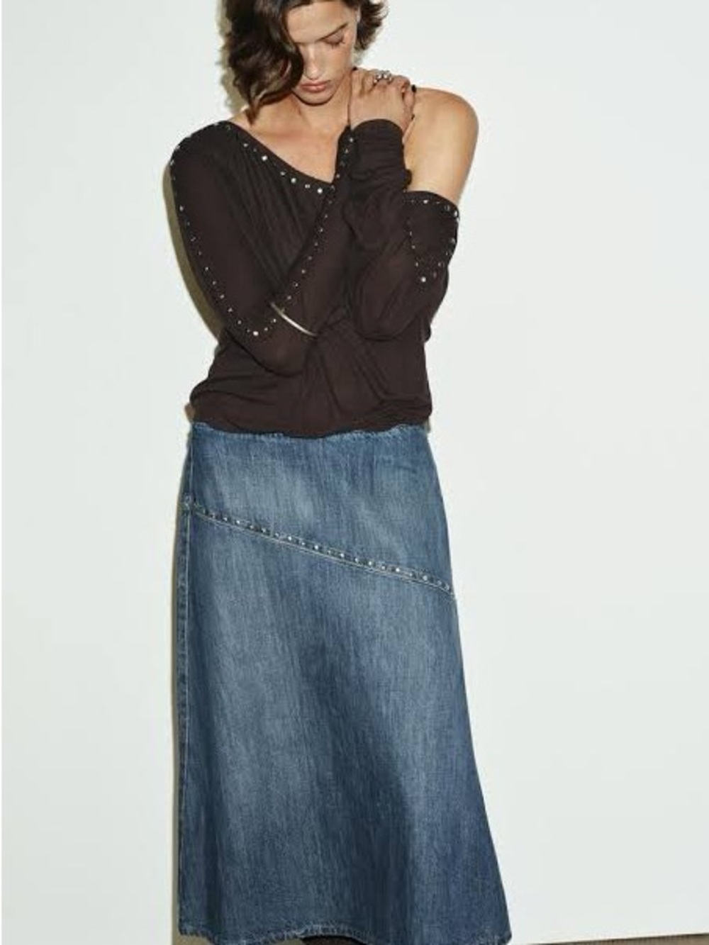 Zara Blue Denim Maxi Skirt with Diagonal Seam